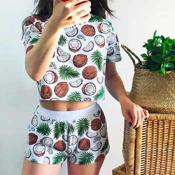 Imprimate T-Shirt, Pantaloni Scurți Femei Pijamale O Gâtului Talie Elastic Arcul Zburli Tiv De Sex Feminin Seturi De Vară 2020 Doamnelor Moda Haine De Acasă