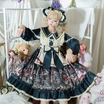 Japoneze Gothic Lolita Op Femei Rochie De Basm Dulce Oraș Print Cu Maneci Lungi Rochie De Printesa Fată Chic Bowknot Ceai Rochii De Petrecere