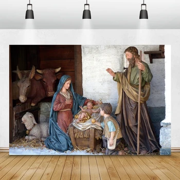 Laeacco De Crăciun Fundaluri De Scenă A Nașterii Domnului Isus La Naștere Bullpen Înger Vacă Cal Fotografii, Fundaluri Copil Nou-Născut Photophone
