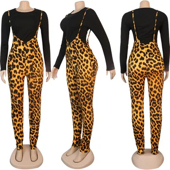 Leopard Femei 2 Bucata Set Casual Culoare Solidă Tricou + Slab Salopete Sexy Club De Noapte Partid Costum De Fitness Slim Carouri Trening