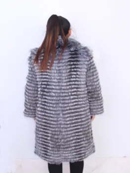Linhaoshengyue Argint haină de blană de vulpe lungime 100CM cu guler Picioare