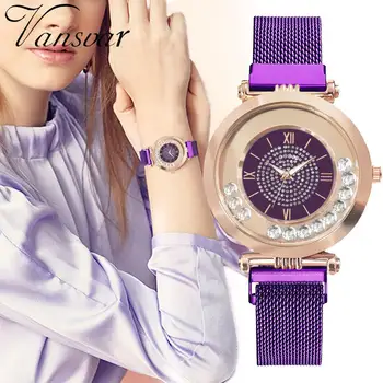 Montre Femme Pentru Femei Bratara Ceasuri De Lux Violet Mobil Stras Ceas De Brand Doamnelor Cuarț De Cristal Magnetic Ceasuri De Mana 2019