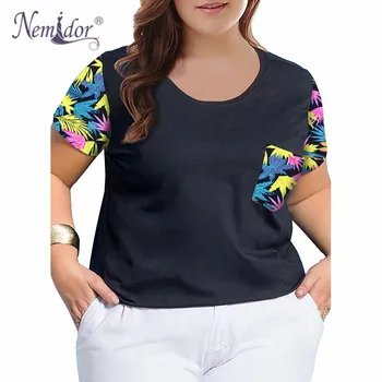 Nemidor Femei Casual Maneca Scurta Mozaic T-shirt de Epocă, O-neck Plus Dimensiune 8XL 9XL Topuri Cu Buzunare