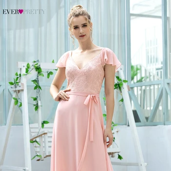 Roz eleganta Rochii de domnișoară de Onoare Vreodată Destul de O Linie de-a V-Neck Cap Sleeve Broderie Rochie Lunga Pentru Petrecere de Nunta Cu Centura EP00656PK