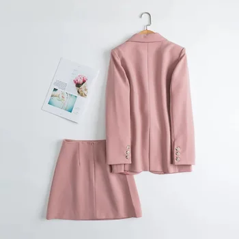 Stil Preppy Roz fată mori set de sacou Elegant de culoare solidă două butoane haina și fusta scurta 2pcs set pentru femei Vacanță de toamnă