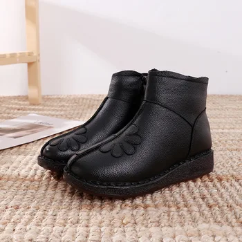 Xiuteng 2020 Nou Handmade Piele Femei Pantofi cizme Vânt Național de Varsta Mijlocie Fund Moale Flori Mama de Pantofi Pentru Iarna